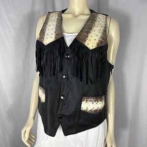 Vintage Black Leather Fringe Western Vest Snakeskin Inlay | USA Made L